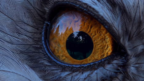 close-up of an owl's eye with forest reflection
