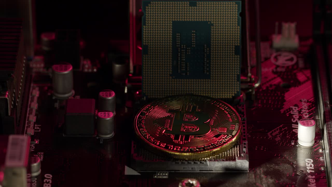 Bitcoin BTC, CPU central processor on digital technology computer motherboard crypto currency mining