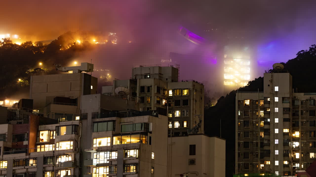 HONG KONG - 19 MARCH 2025 : Timelapse of the Hong Kong city skyline at night with the peak in the background