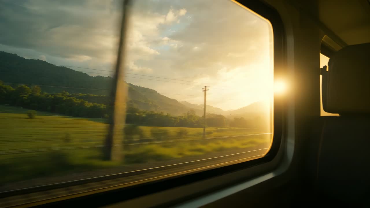 Departing train carriage moving through rural valley, passing telephone poles through window frame