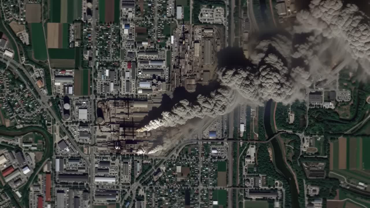 Aerial View of Industrial Smoke Emission: Observing Large Volumes of Smoke Billowing from Factory Structures over Urban and Rural Landscapes in a Chaotic Scene