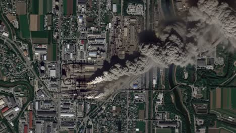 aerial view of industrial smoke emission: observing large volumes of smoke billowing from factory structures over urban and rural landscapes in a chaotic scene