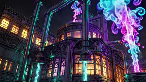 steampunk fantasy factory at night