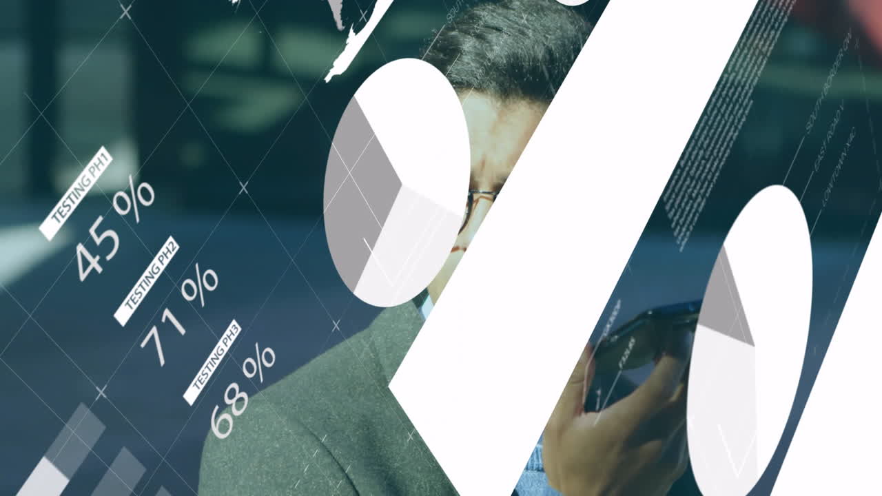 Businessman using smartphone over global data and percentage graphics animation