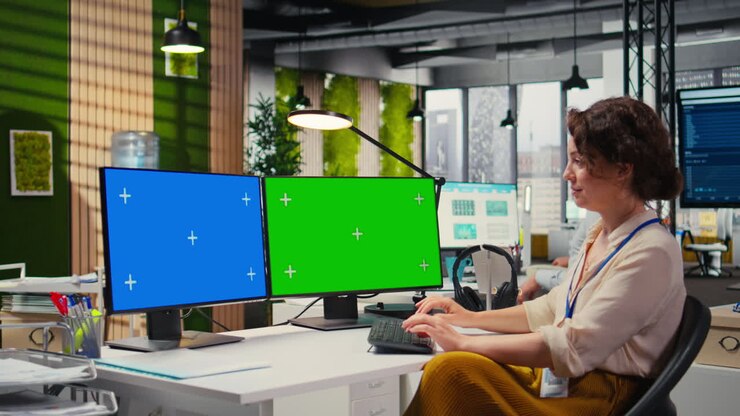 Virksomhedskonsulent undersøger finansielle grafer ved siden af en mockup.
