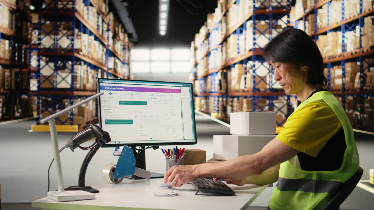 Vertical Video Man in hi vis vest reviews shipment details on awb tags for dispatch