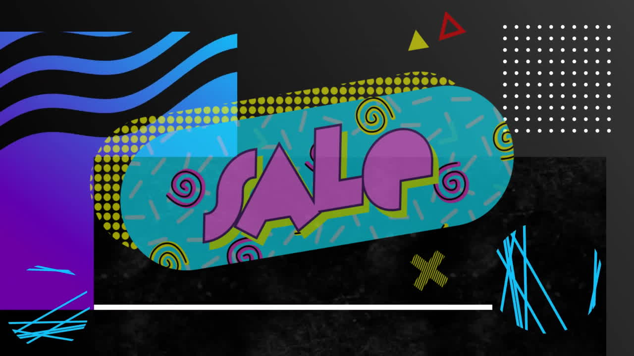 Animation of colorful SALE text with abstract shapes on dark background