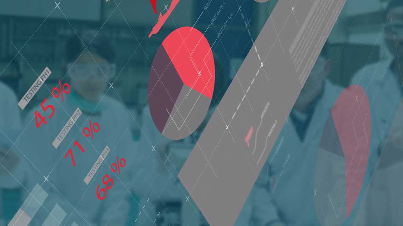 Scientists in laboratory working with global data analytics animation on screen