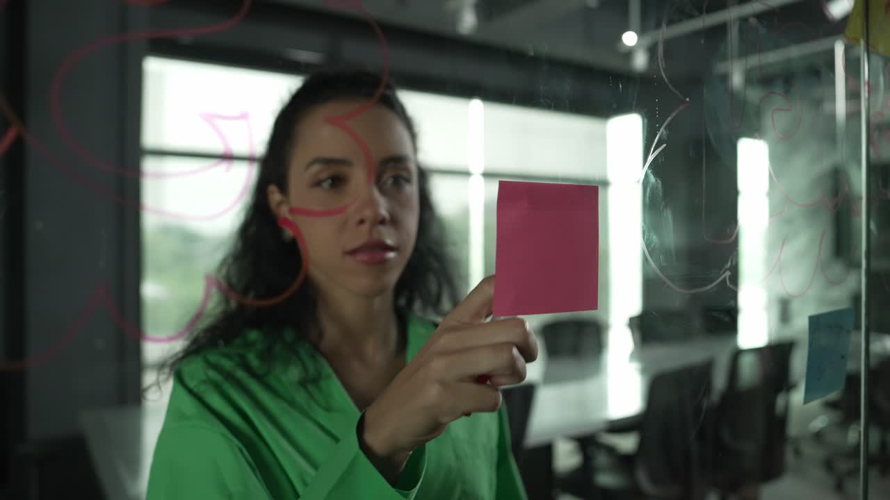 hermosa gerente hispana inteligente poniendo una nota adhesiva en la pared de vidrio. manipulador.