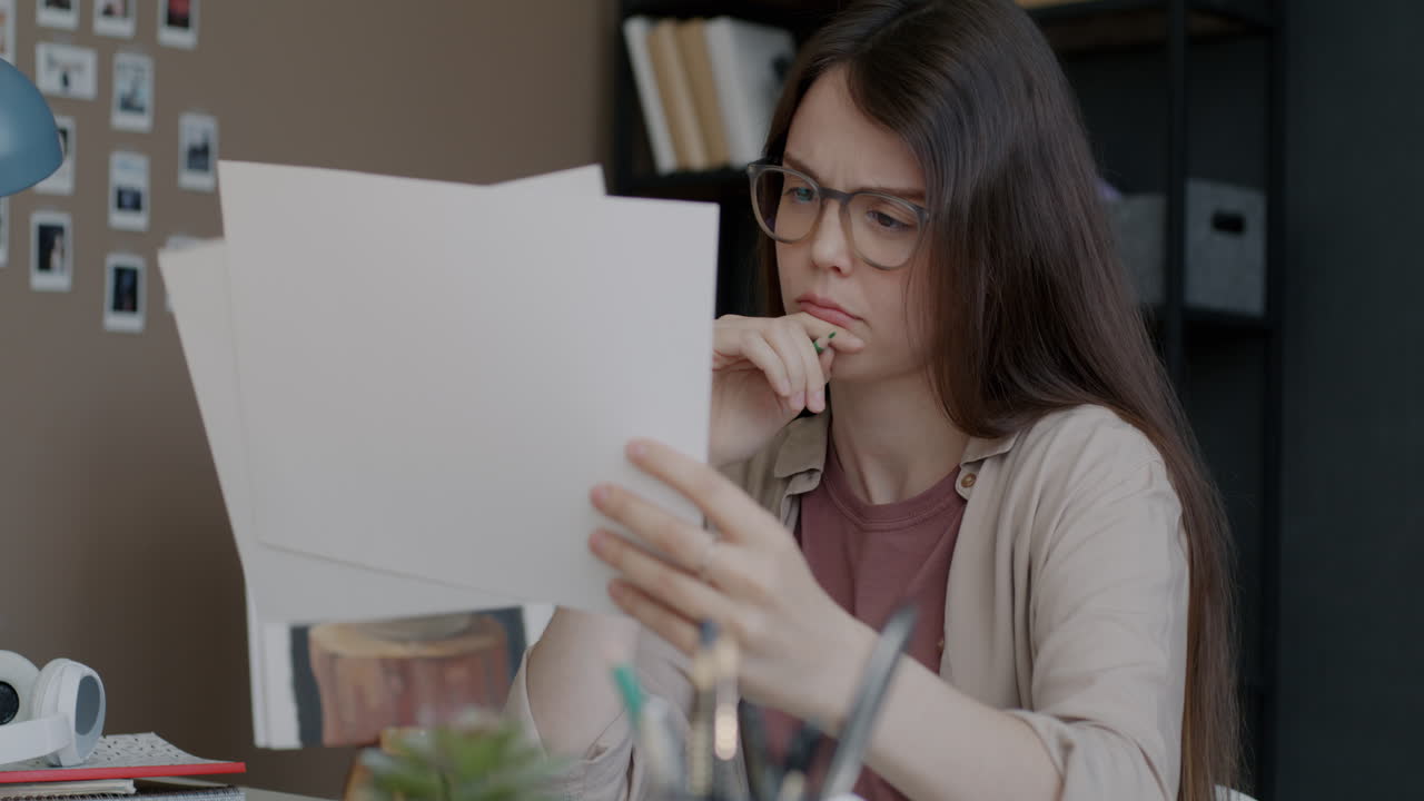 Woman Concentrating on Papers at Desk