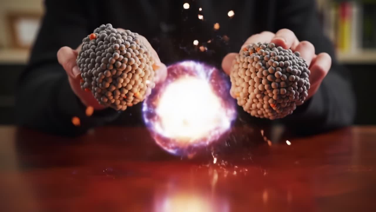 Explosive Fusion: Captivating Transformation Between Two Spheres, Signifying Energy Release in a Dynamic Show of Physics and Chemistry Interaction