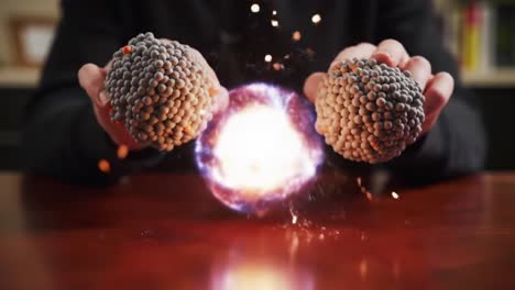 explosive fusion: captivating transformation between two spheres, signifying energy release in a dynamic show of physics and chemistry interaction