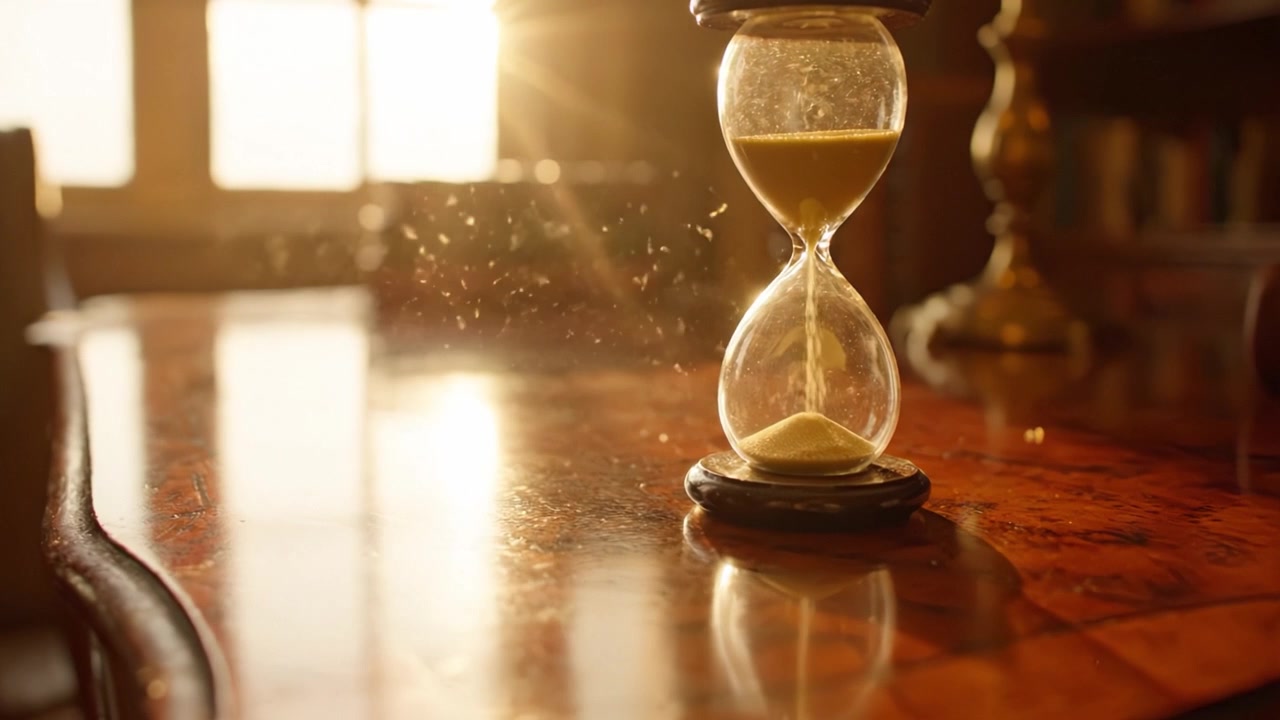 A Beautifully Crafted Hourglass Captured in Serene Light, Symbolizing the Passage of Time in a Cozy Setting with Elegant Furnishings and Warm Reflections