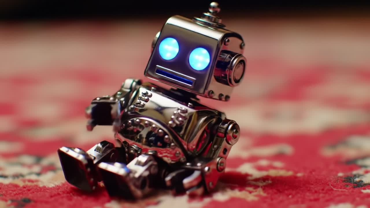 A Charming Metallic Robot with Glowing Blue Eyes Captivates in a Cozy Room Setting Featuring Intricate Patterns on the Floor