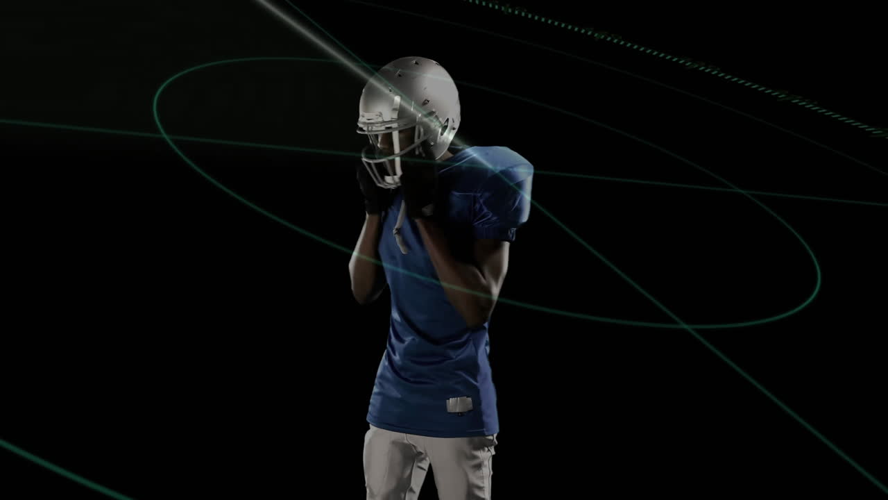 Football player in blue jersey with digital lines and dots animation overlay