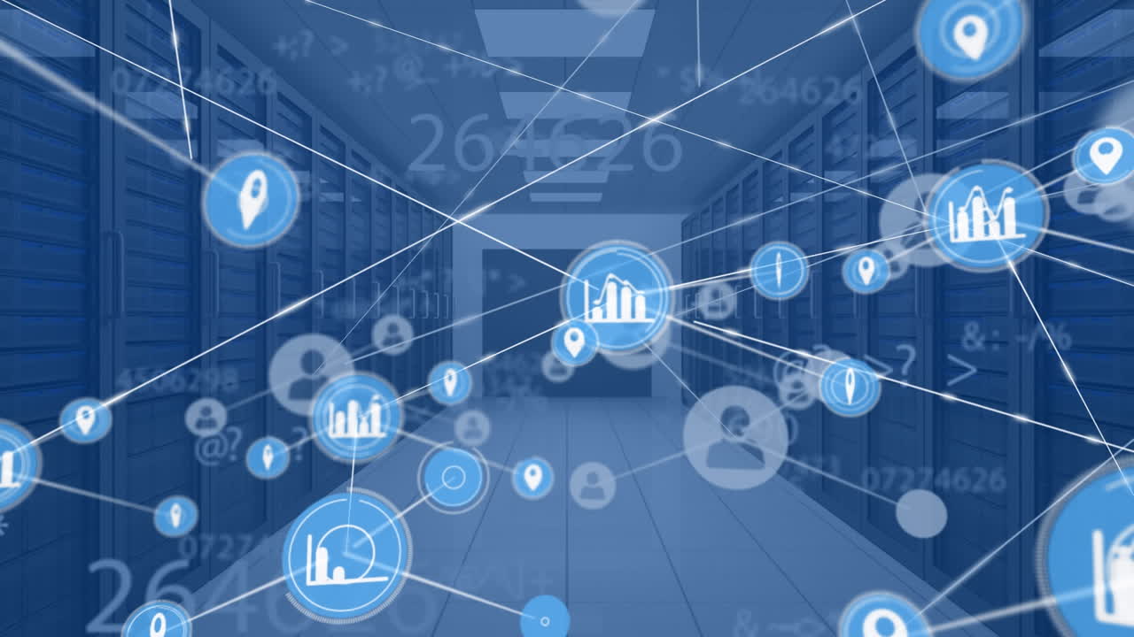 아이콘과 데이터 처리와 서버  ⁇ 을 통한 연결 네트워크의 애니메이션