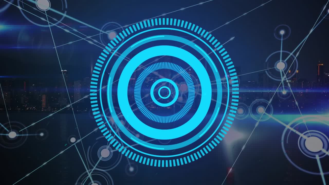 Animazione di rete di connessioni su cerchio in elaborazione e paesaggio urbano
