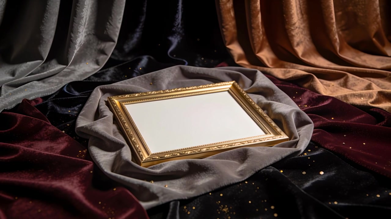 Panning camera showing ornate gold frame rotating on gray nest for catalog, lights catching flecks