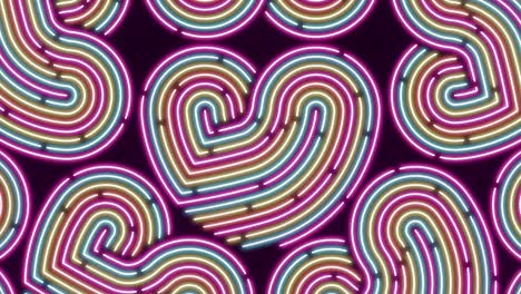 iluminación de línea de guión de corazón de neón patrón móvil colorido, red de tecnología transferencia de datos digitales, diseño conceptual del día de san valentín, brillante en fondo negro animación de bucle sin costuras 4k con espacio