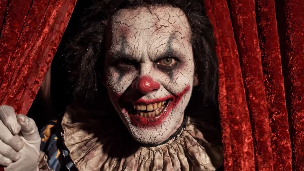 An Eerie Clown Emerges from Velvety Red Curtains, Capturing a Sinister Aura in a Darkly Themed Performance That Evokes Fear and Intrigue for the Audience.