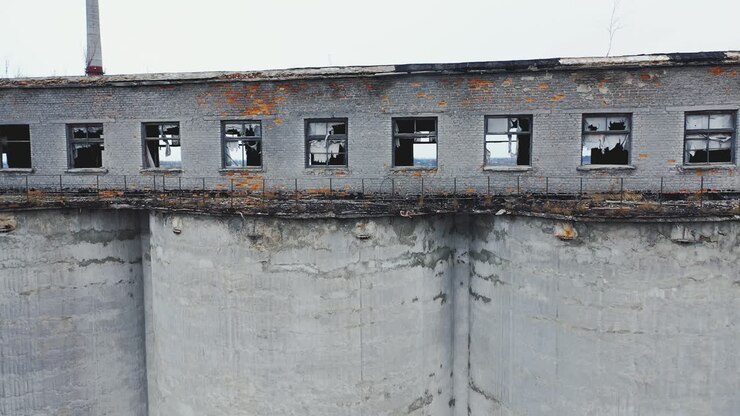 Ventanas y paredes rotas de una antigua planta química. Bóveda de hormigón cubierta de musgo. Ruinas de edificios industriales. Vista aérea