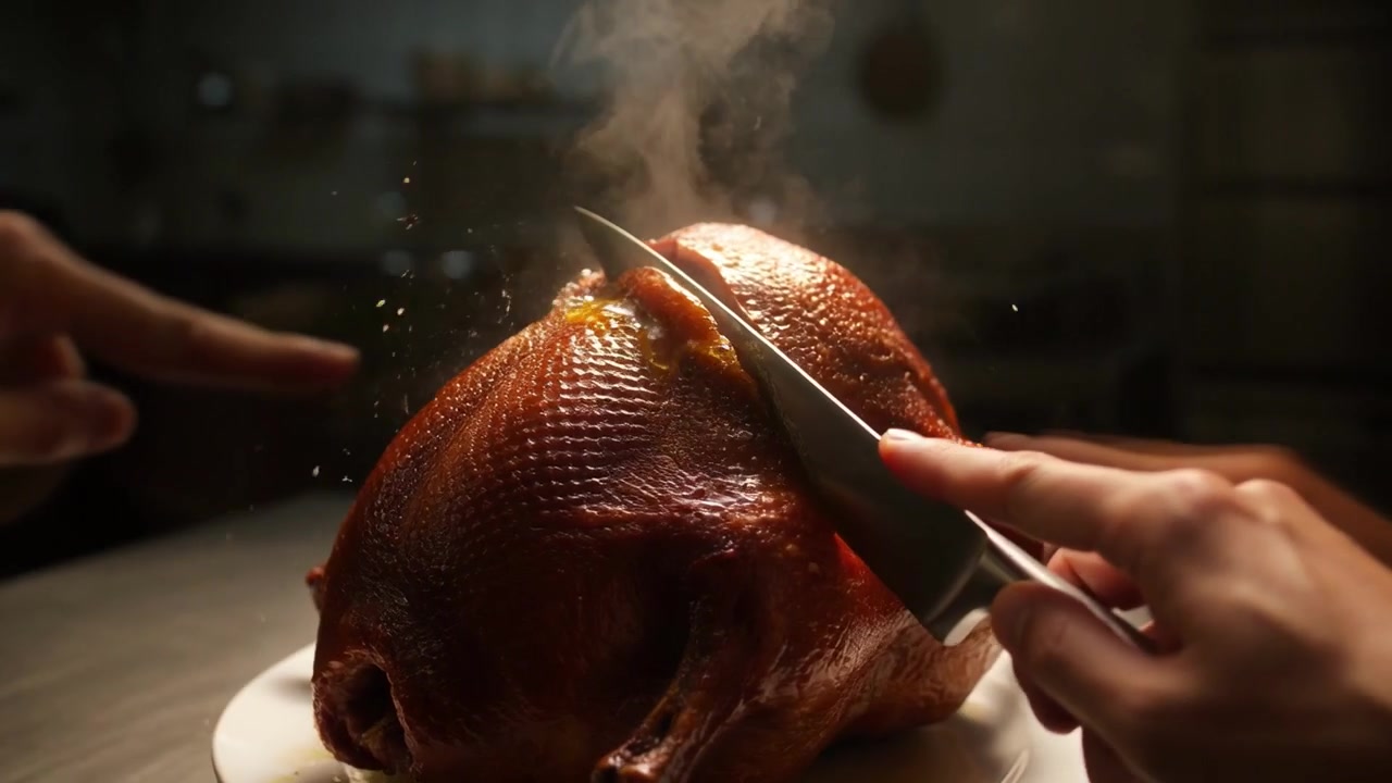 Chef Slicing Crispy Roasted Duck in Professional Kitchen