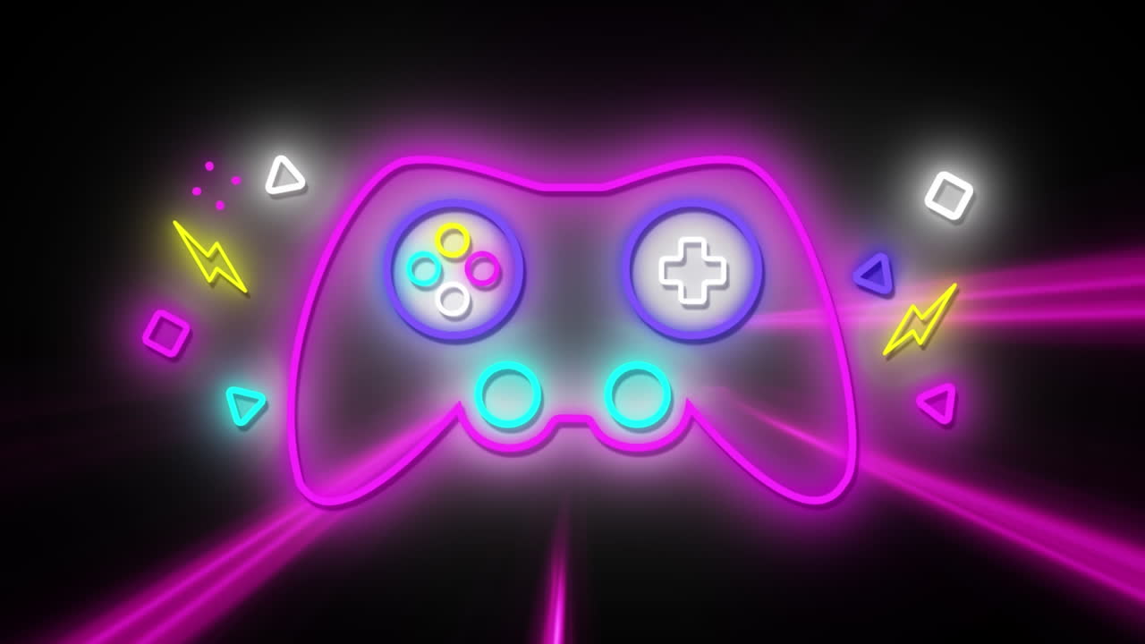 검은색 배경에 네온 빛 트레일 위의 비디오 콘솔의 애니메이션