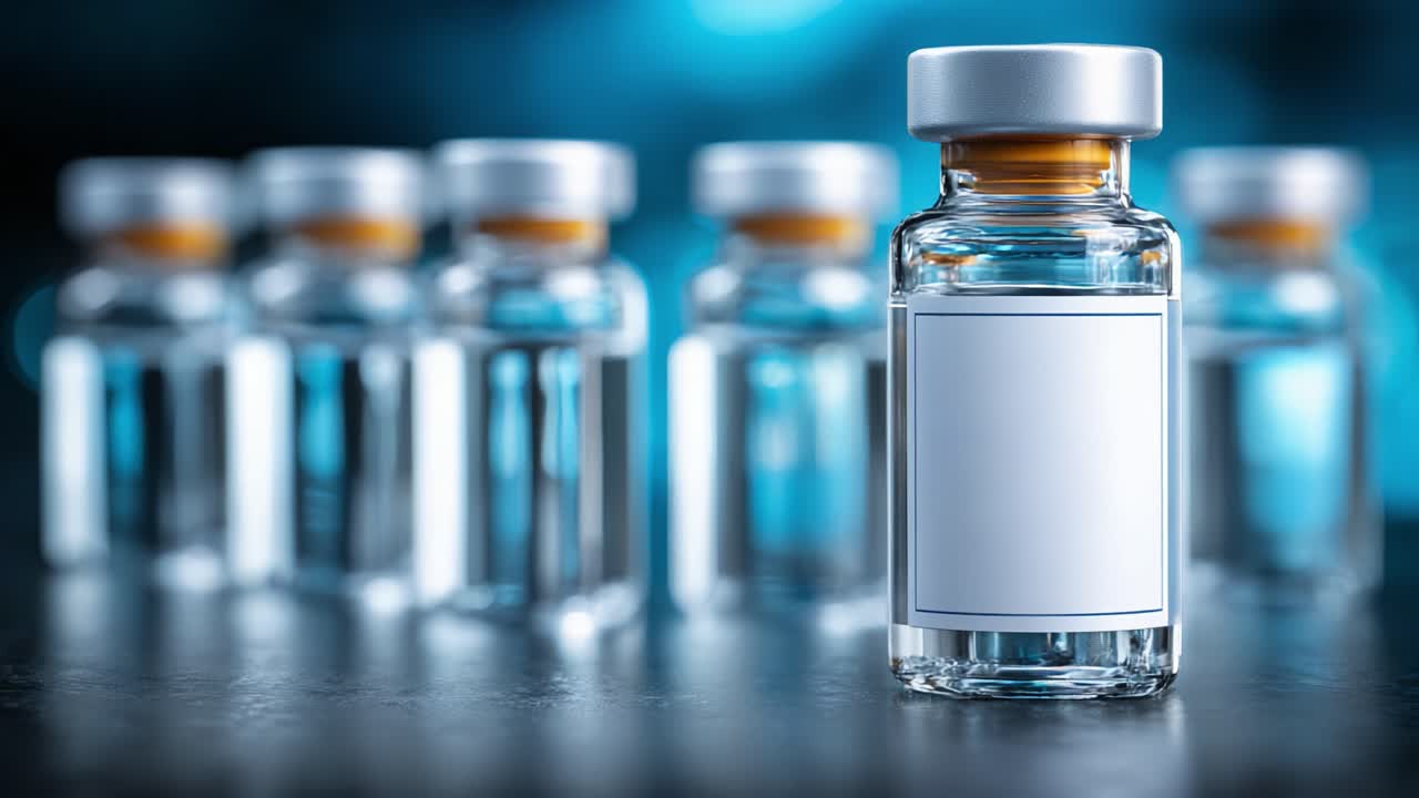 Vista ravvicinata di fiale di vetro con liquido trasparente su uno sfondo sfocato, che evidenzia prodotti farmaceutici pronti per l'uso in applicazioni mediche.