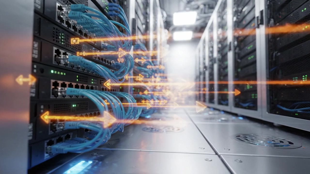 Data Center Infrastructure with Server Racks and Network Cables, Featuring High-Speed Connections and Efficient Design for Modern Computing Needs