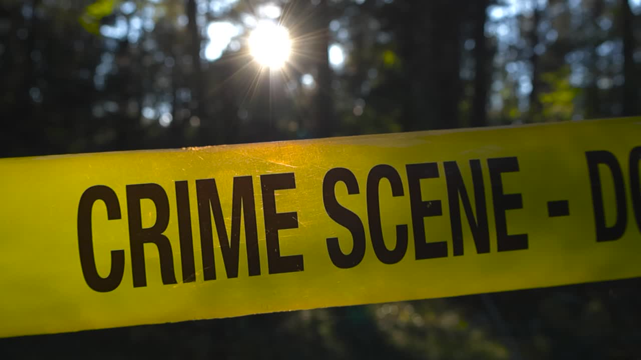 Cinematic close up video moving around and in front of a yellow forensic sciene police crime scene tape ribbon that is pulled in front of a forest area while sunlight backlights the fluorecent tape