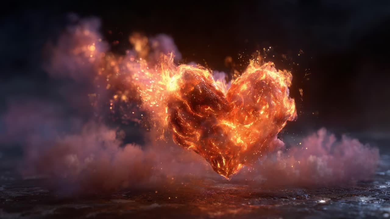 A Powerful Heart of Fire: Illuminating Passion and Emotion Emanating from a Fiery Heart in a Mysterious Atmosphere