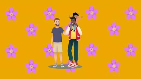 animación de ilustración de padres y hijo gay biraciales felices, con flores púrpuras en naranja