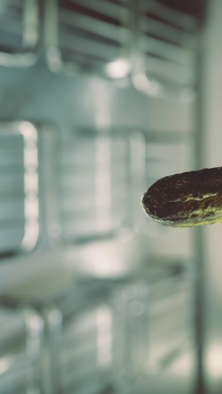 Blurred background shows metallic racks in a storage area or kitchen setting