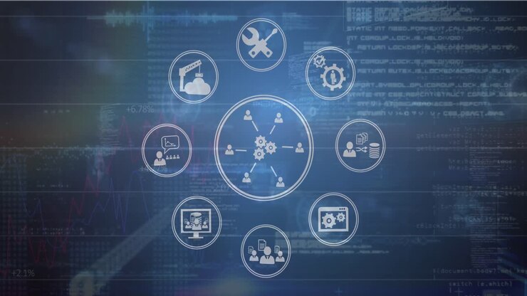 Animation of ai text and icon, data processing over computer server