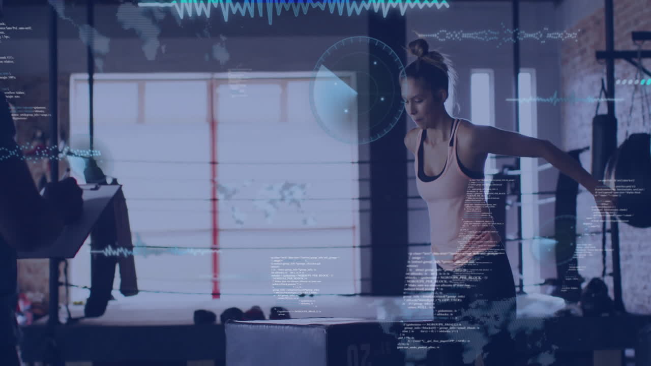 Woman exercising in gym with digital data and graphs overlay animation