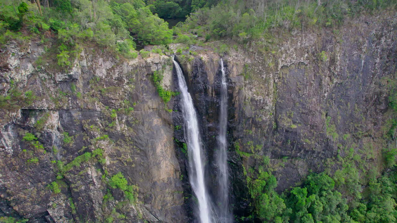 Drone captures the majestic Ellenborough Falls cascading powerfully through lush rainforest in NSW. The single-drop waterfall plunges into a deep, green gorge, showcasing nature’s raw beauty.