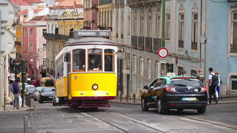 vintage tram in lisbon city streets