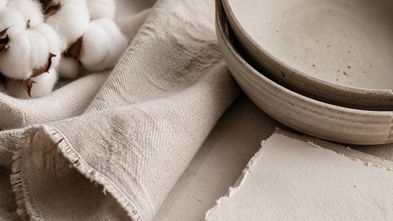 Capsule di cotone naturali adagiate su morbido tessuto di lino accanto a ciotole di ceramica rustiche.