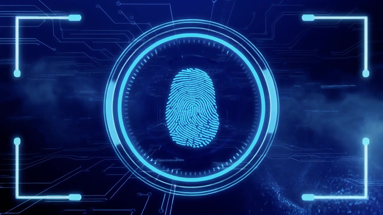 Digital Fingerprint Scanning Interface on Futuristic Blue Background