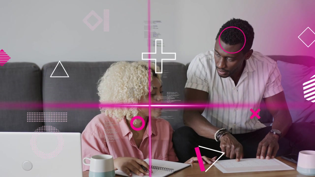 Woman flipping notes man pointing guiding reviewing biz docs, using phone, magenta overlay sweeping