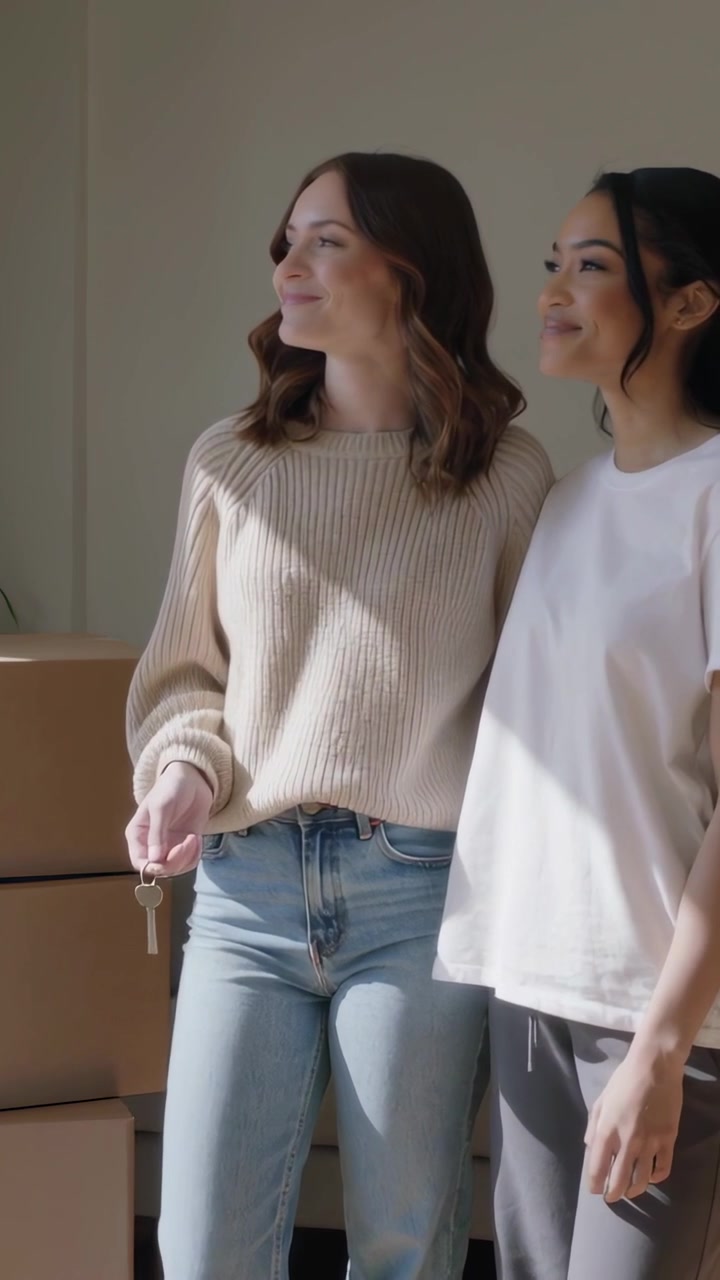 Video verticale: Ricevimento della chiave, due donne sorridenti che si abbracciano nella nuova casa con scatoloni, in maglione e maglietta
