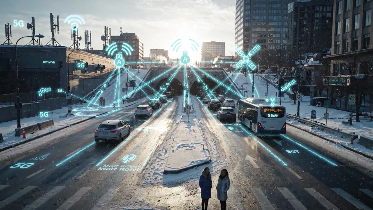 Scena Invernale Urbana con Due Donne in Cappotto tra Strade Innevate con Traffico e Elementi Visivi di Connettività Digitale che Evidenziano la Tecnologia di Trasporto Moderna