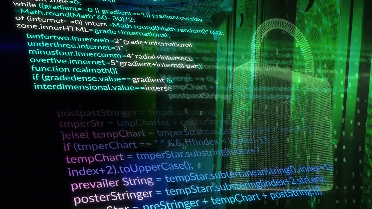 animación del lenguaje informático, el candado, las letras, los números, los símbolos y los números en la sala del servidor