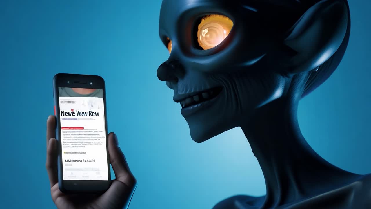 el personaje alienígena reacciona emocionado a las noticias en el teléfono inteligente, navegando a través de varios artículos. la curiosidad y la tecnología se encuentran en esta escena futurista