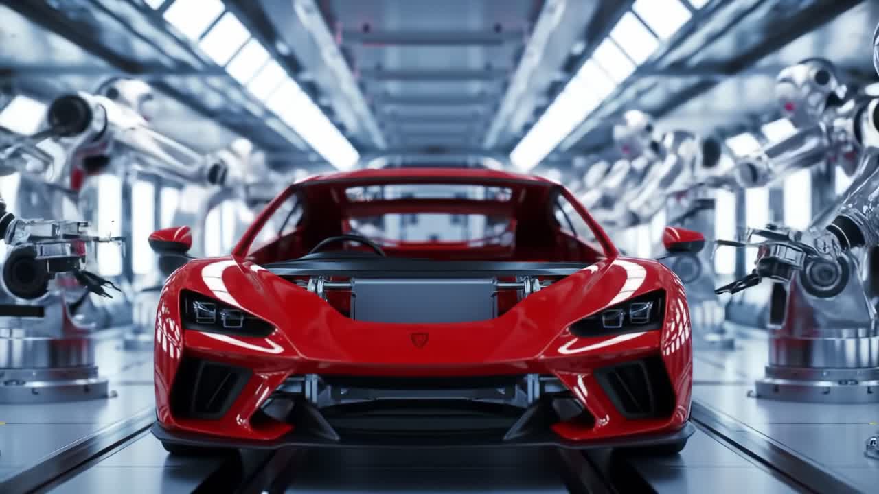 A Dynamic Journey of Automotive Innovation: The Construction of a Cutting-Edge Red Vehicle in a High-Tech Robotic Assembly Line