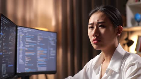 아시아 여성 프로그래머가 소프트웨어 엔지니어를 만들면서 무언가를 생각하고 집에서 데스크 컴퓨터에서 앱, 프로그램, 비디오 게임을 개발합니다. 코딩 언어를 가진 터미널