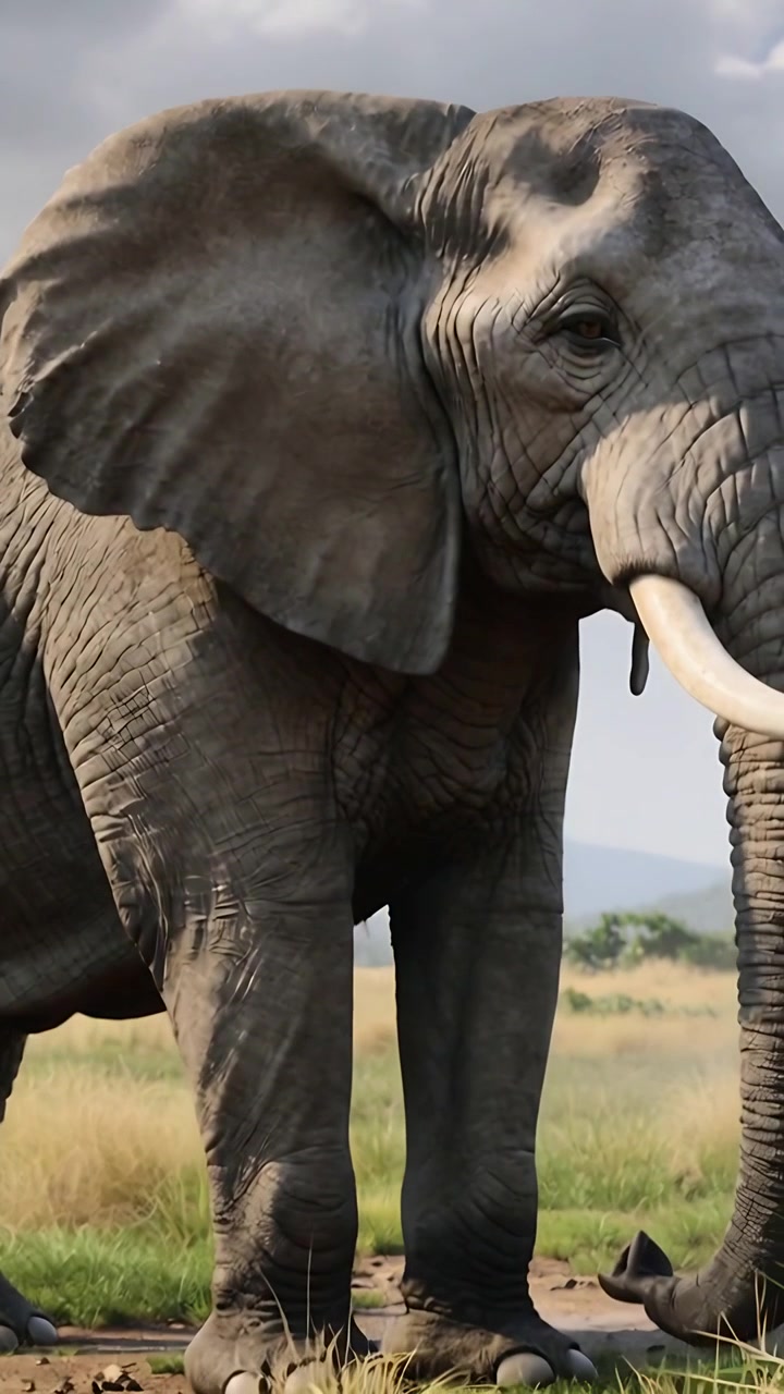 Vídeo vertical: Elefante adulto se deslocando sondando a lama com a tromba na savana, procurando comida