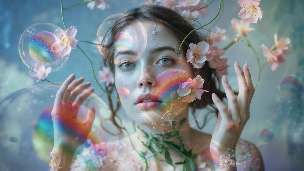 Ethereal Woman with Cherry Blossoms and Bubbles