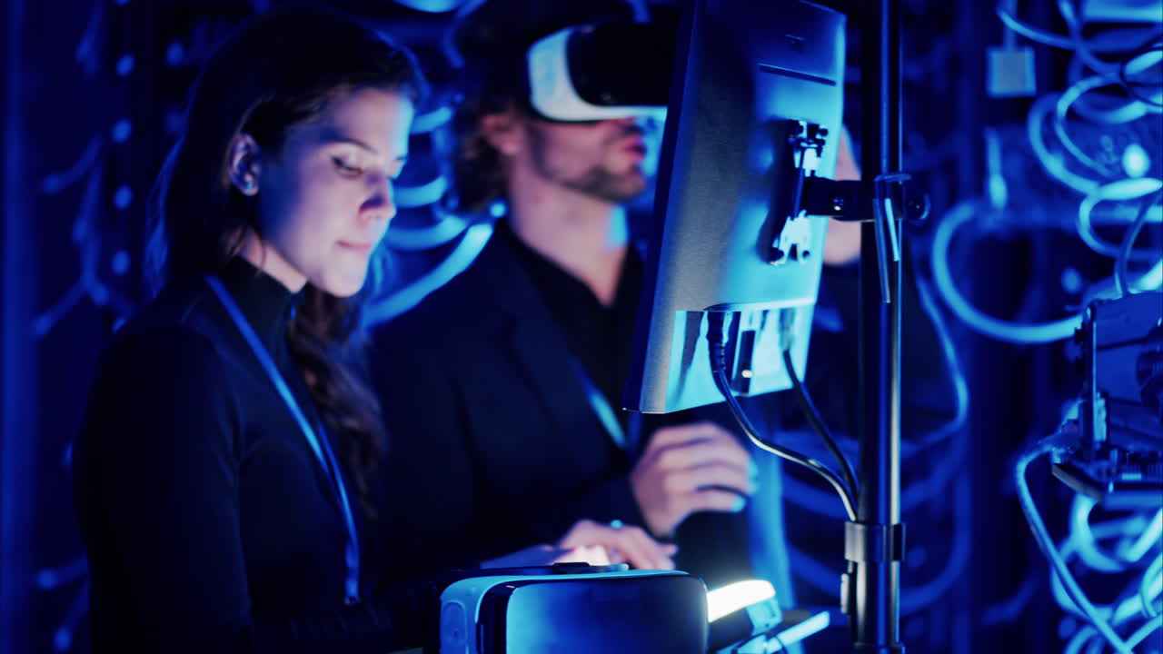 Woman programming in a server room while a man is using a Virtual Reality headset