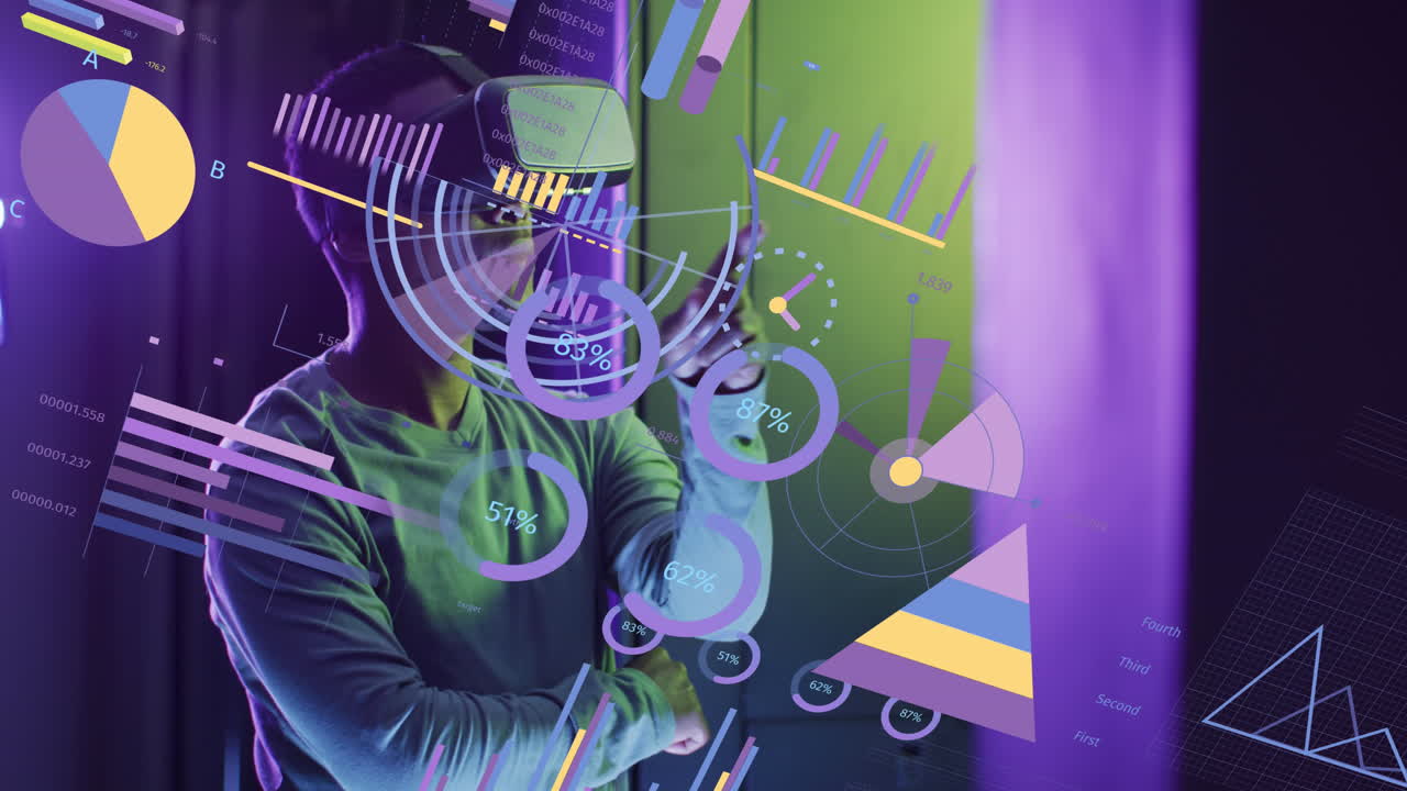 Animation of financial data processing over african american businessman using vr headset